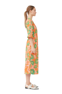 Printed Crepe V-Neck Dress | Vibrant Orange