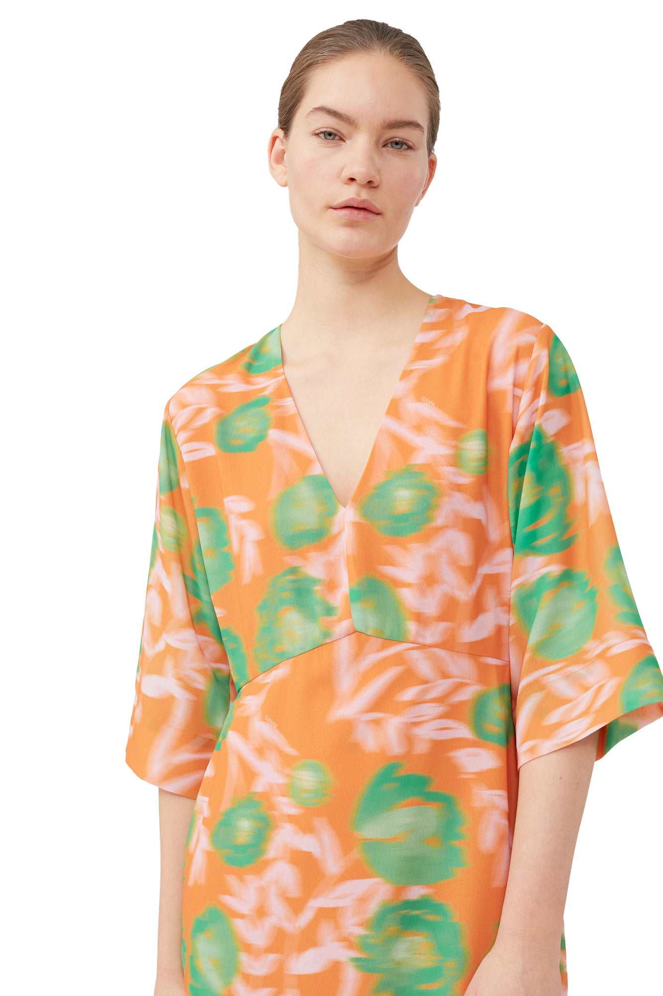 Printed Crepe V-Neck Dress | Vibrant Orange