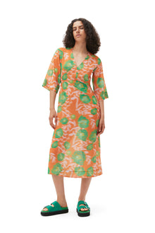 Printed Crepe V-Neck Dress | Vibrant Orange