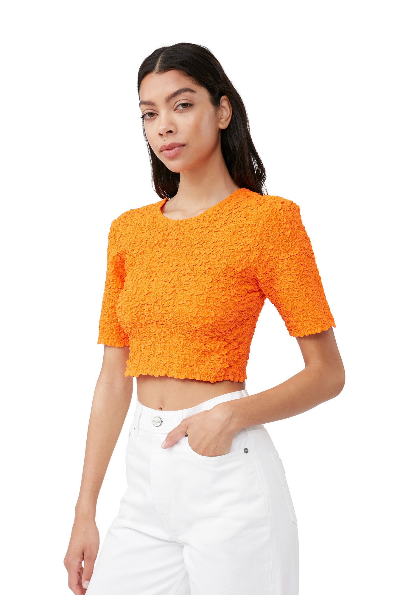 Cotton Poplin Cropped Smock Top | Vibrant Orange