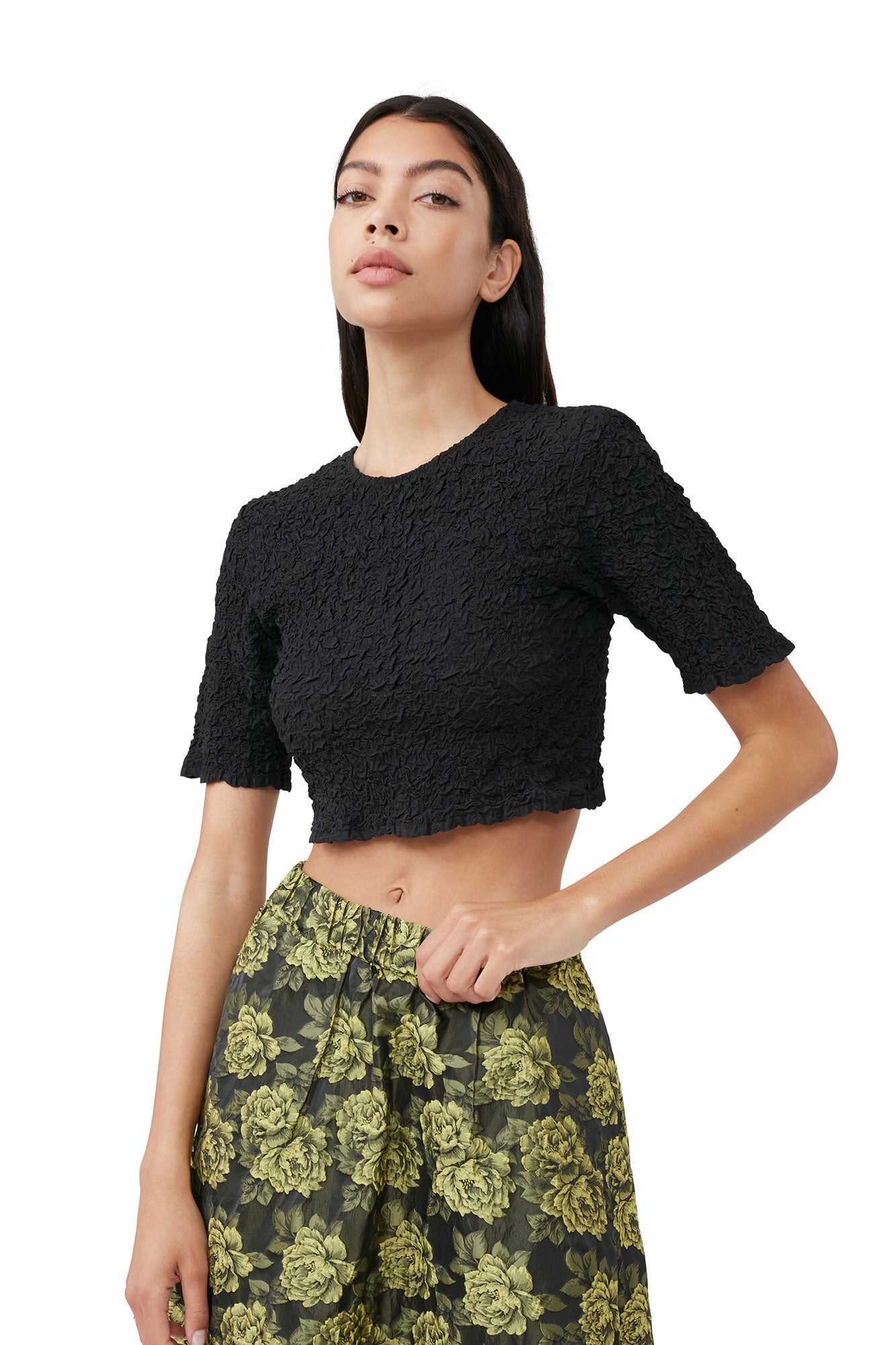Cotton Poplin O-neck Cropped Smock Top | Black