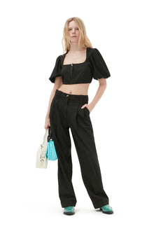 Drapey Melange Loose Mid Waist Pleat Pants | Black