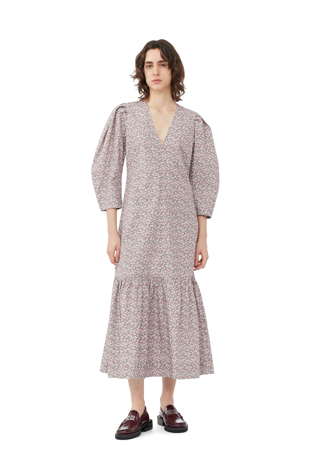 Printed Cotton V-Neck Maxi Dress | Frost Gray