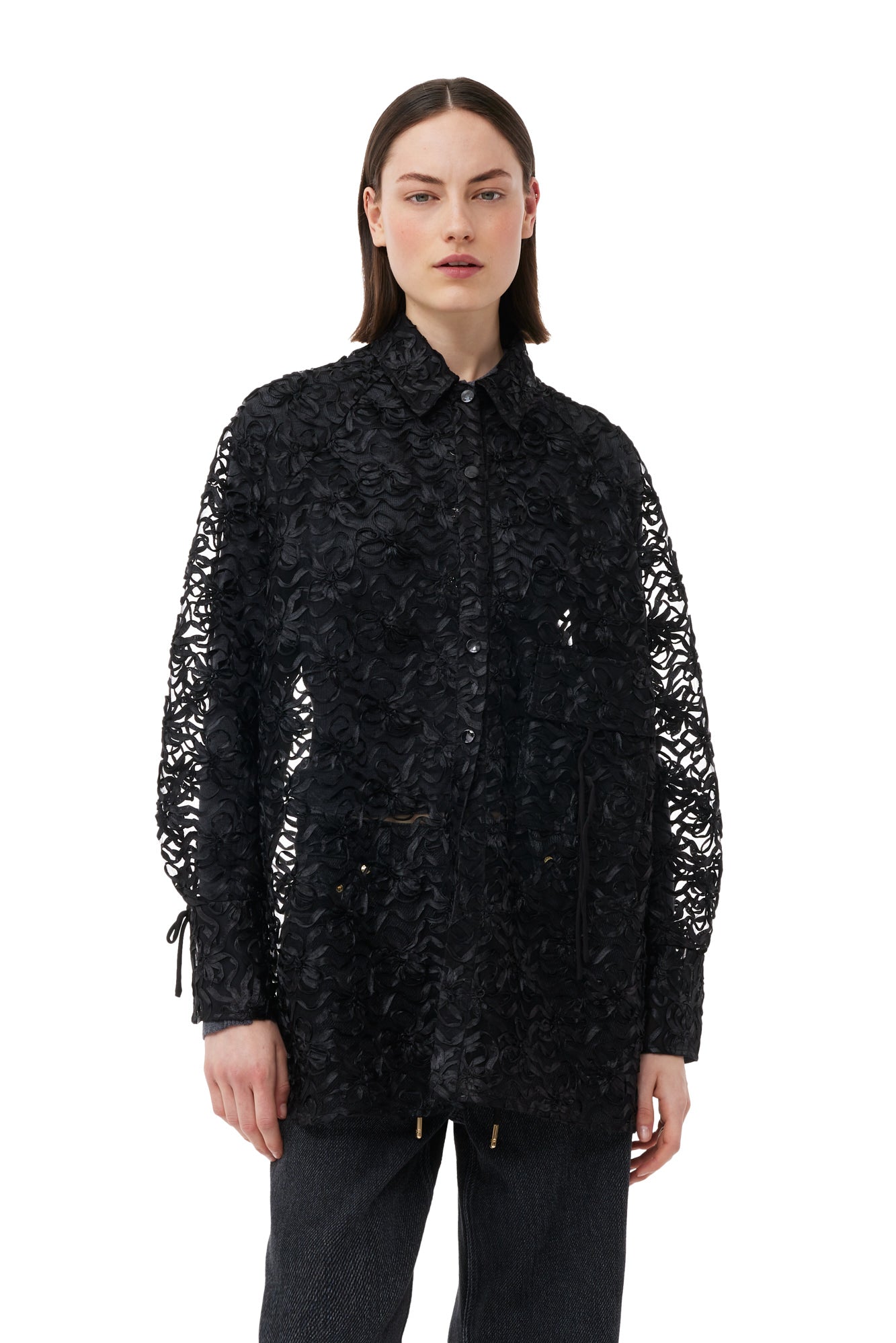 Ribbon Tulle Raglan Shirt | Black