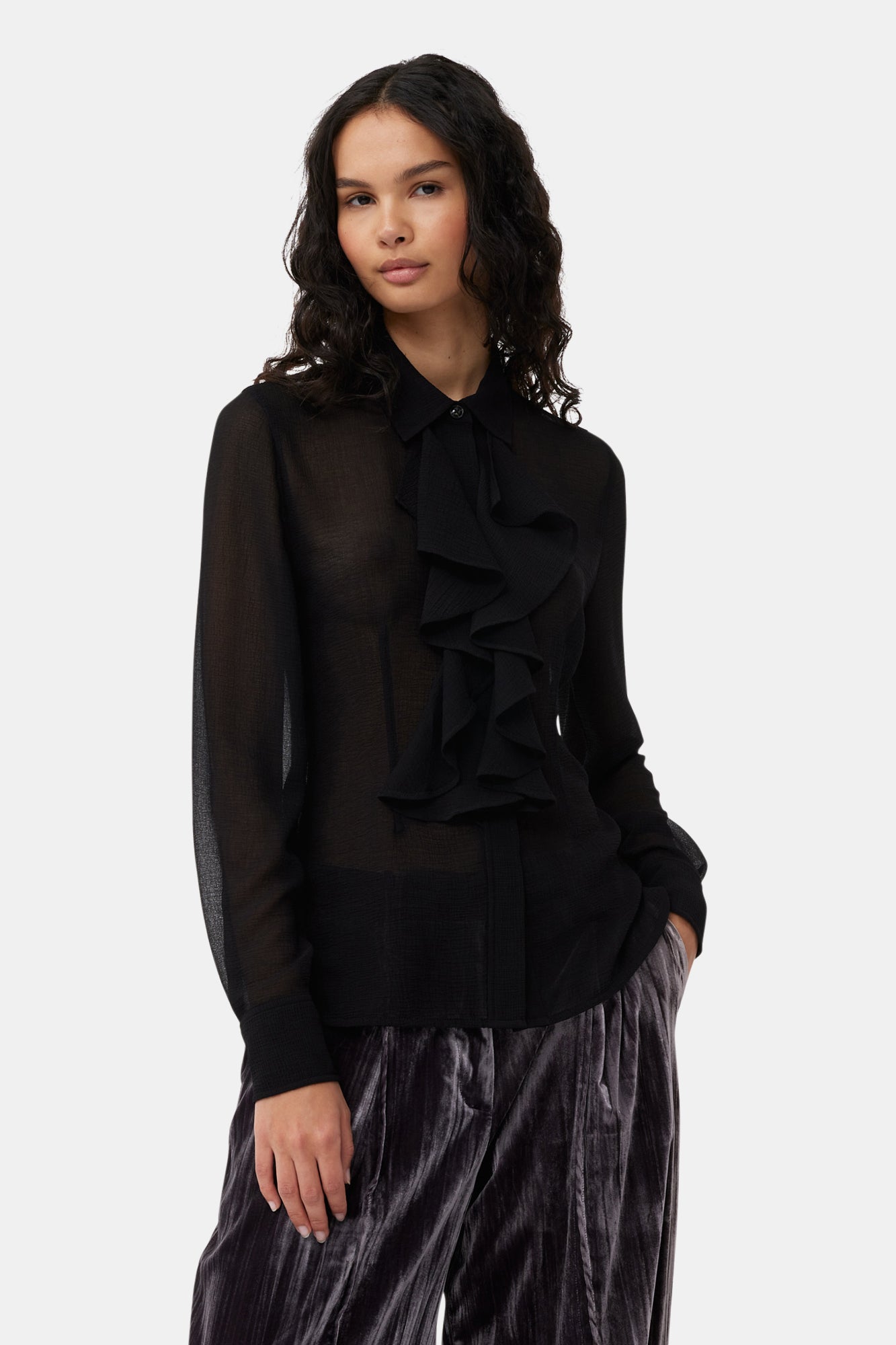 Chiffon Center Ruffle Shirt | Black