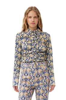 Snake Printed Crinkled Satin Fitted Shirt | Safari