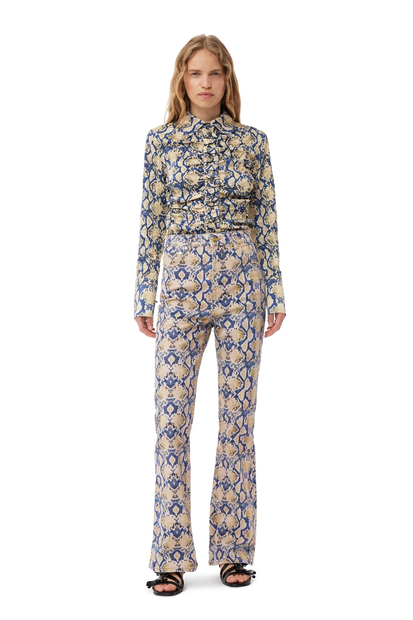 Snake Printed Crinkled Satin Fitted Shirt | Safari