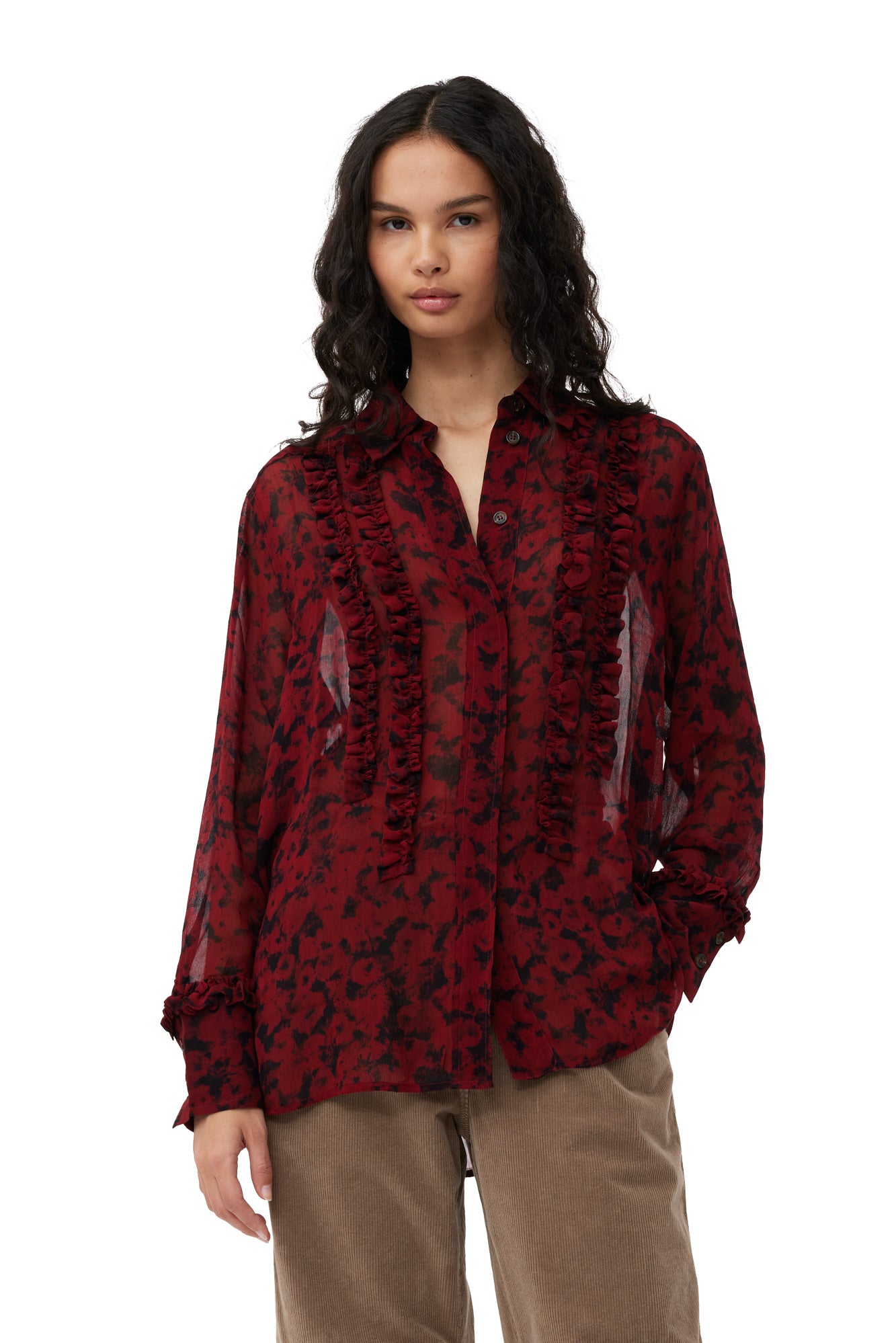 Printed Light Georgette Ruffle Shirt | Syrah