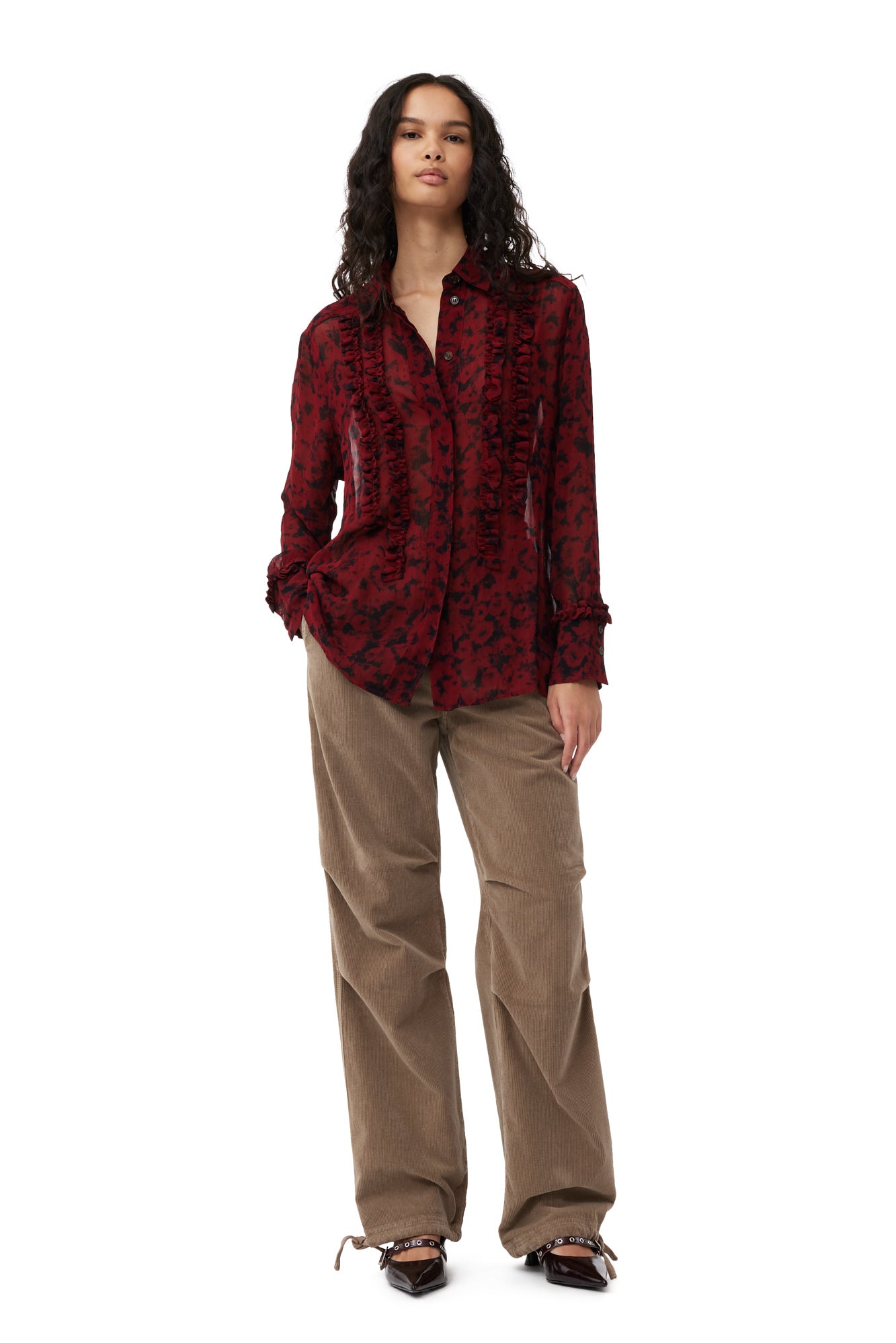 Printed Light Georgette Ruffle Shirt | Syrah