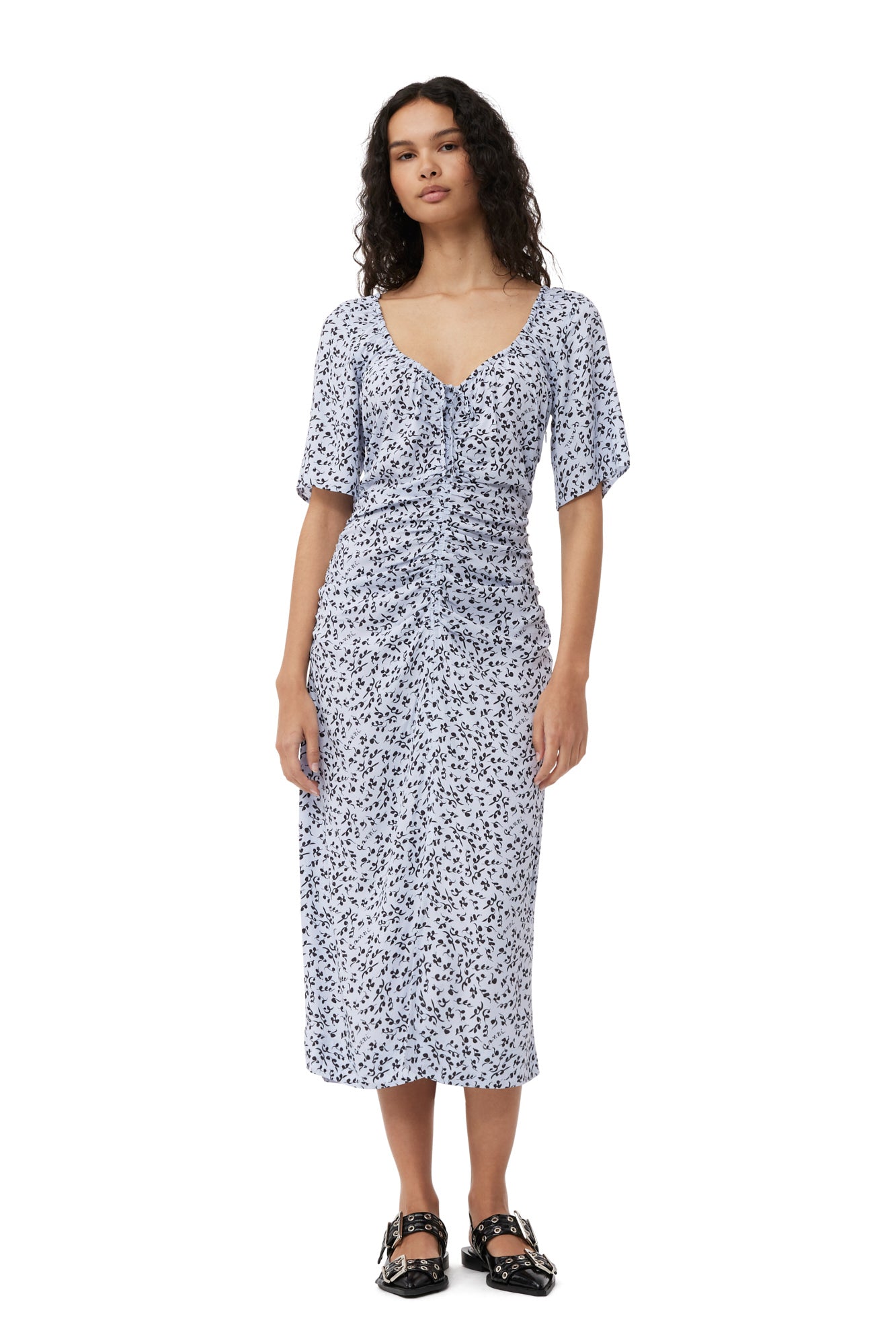 Printed Crepe Gathered U-neck Midi Dress | Heather
