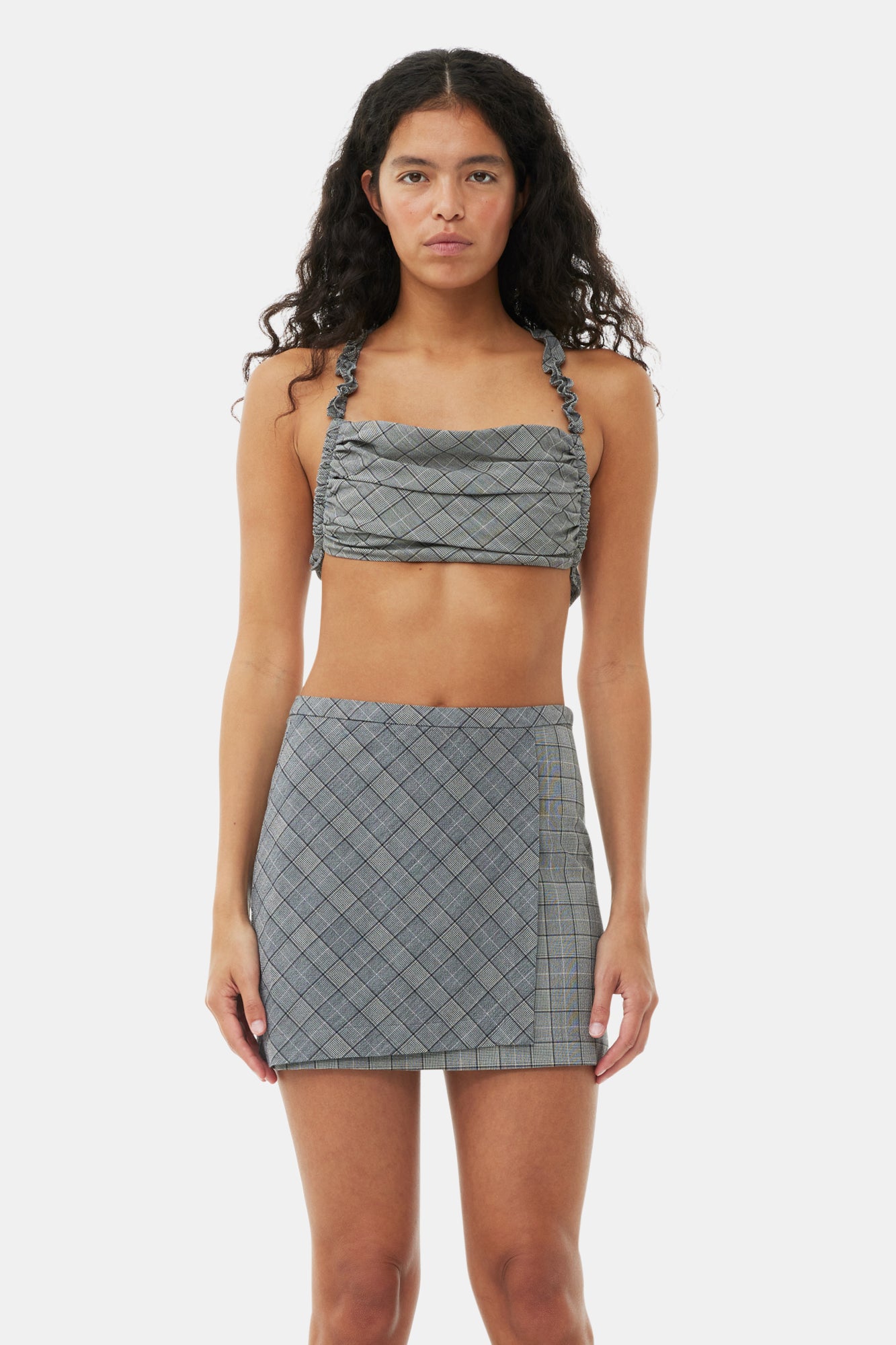 Checkered Mix Ruched Top | Frost Gray