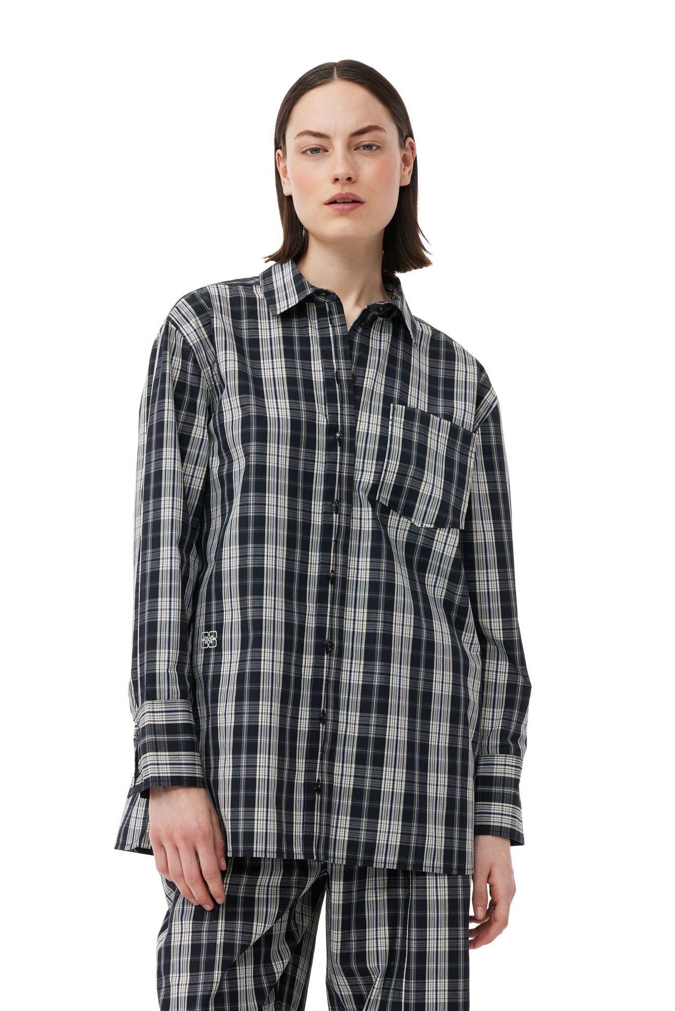 Checkered Cotton Oversized Raglan Shirt | Black