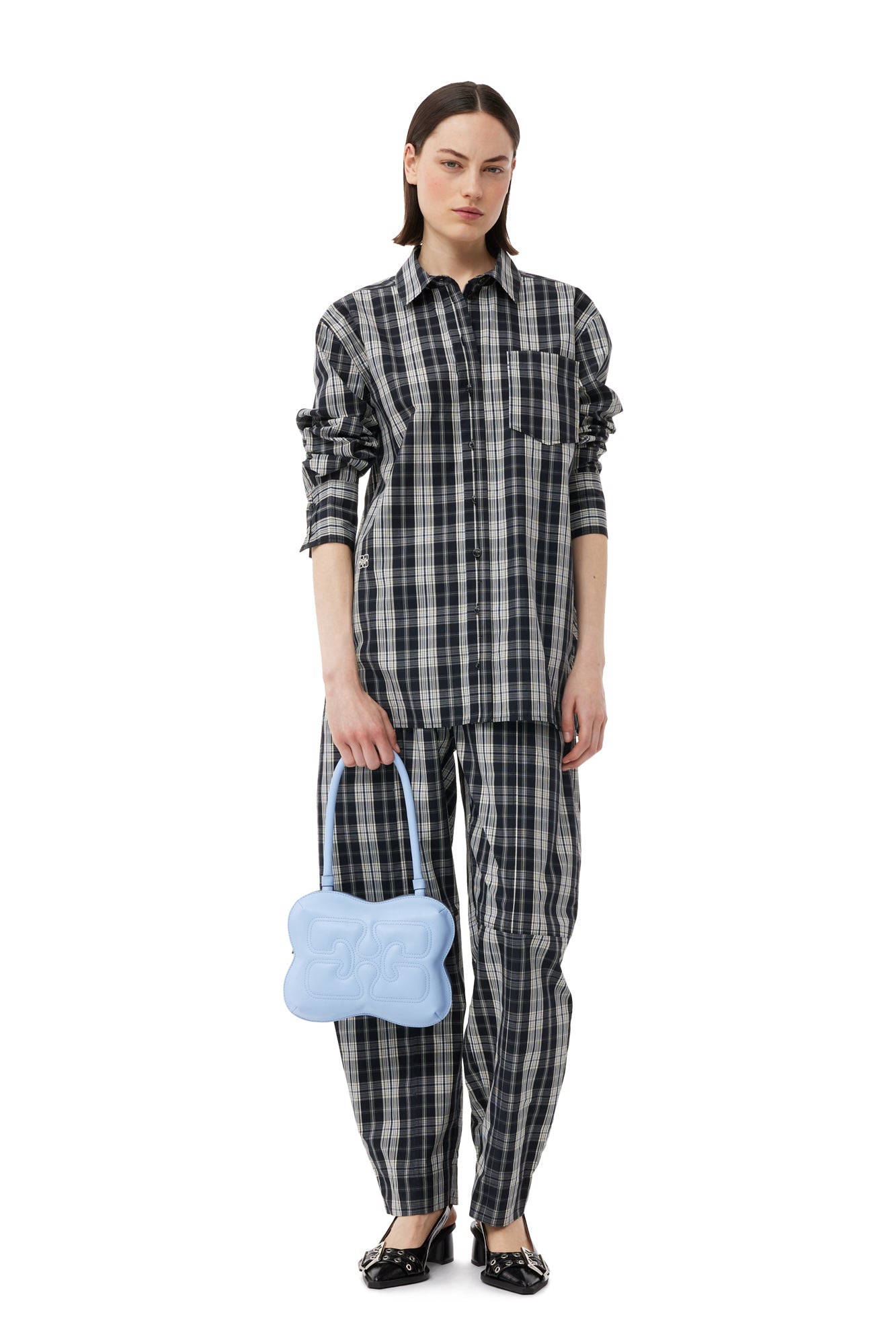 Checkered Cotton Oversized Raglan Shirt | Black