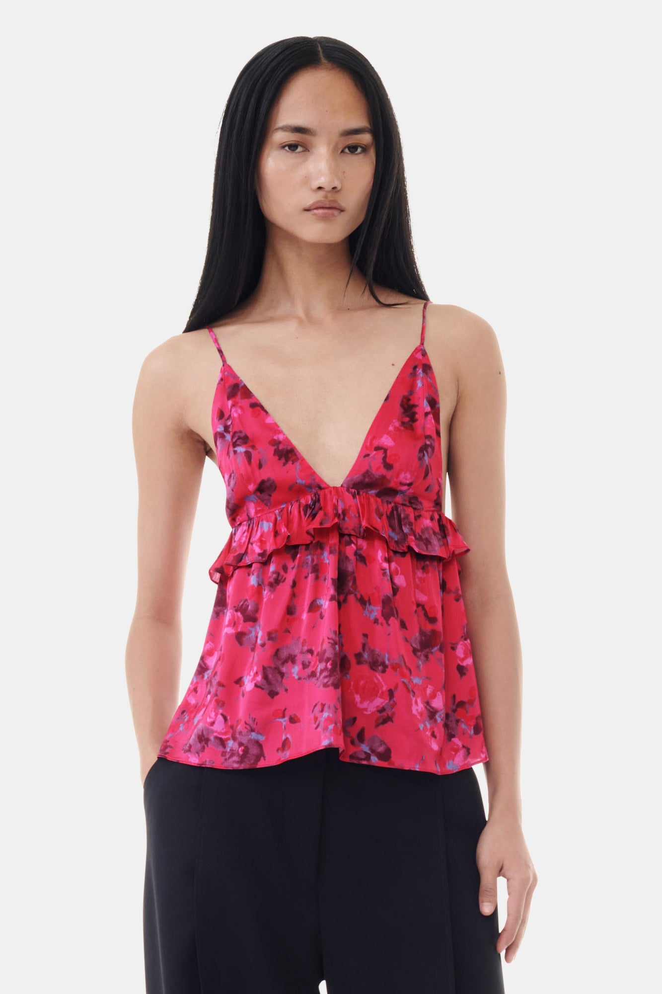 Printed Satin Strap Top | Raspberry Wine