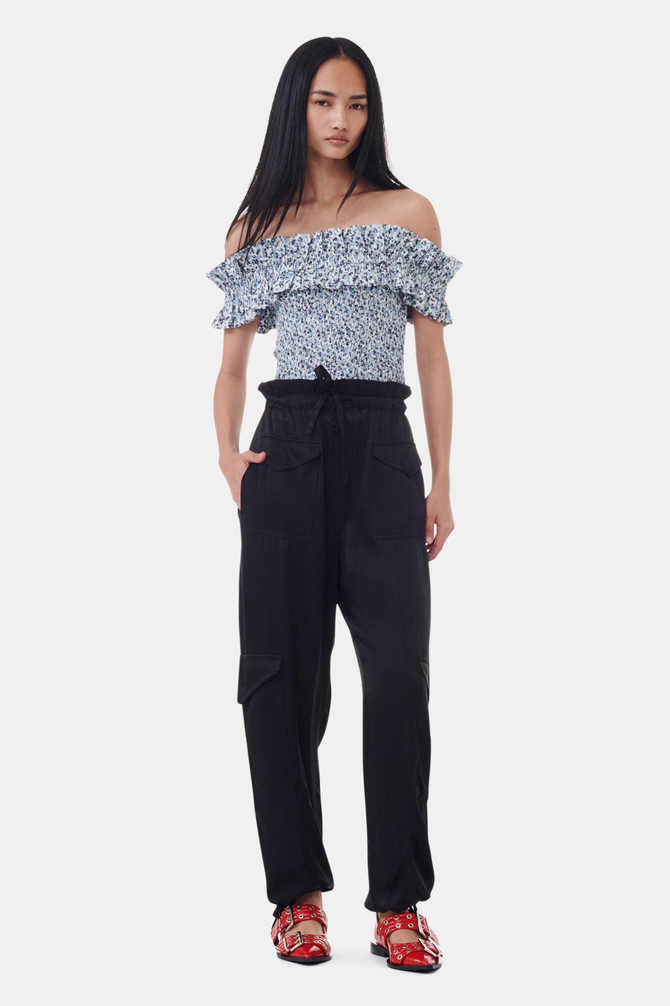 Printed Cotton Off-shoulder Smock Top | Glacier Lake