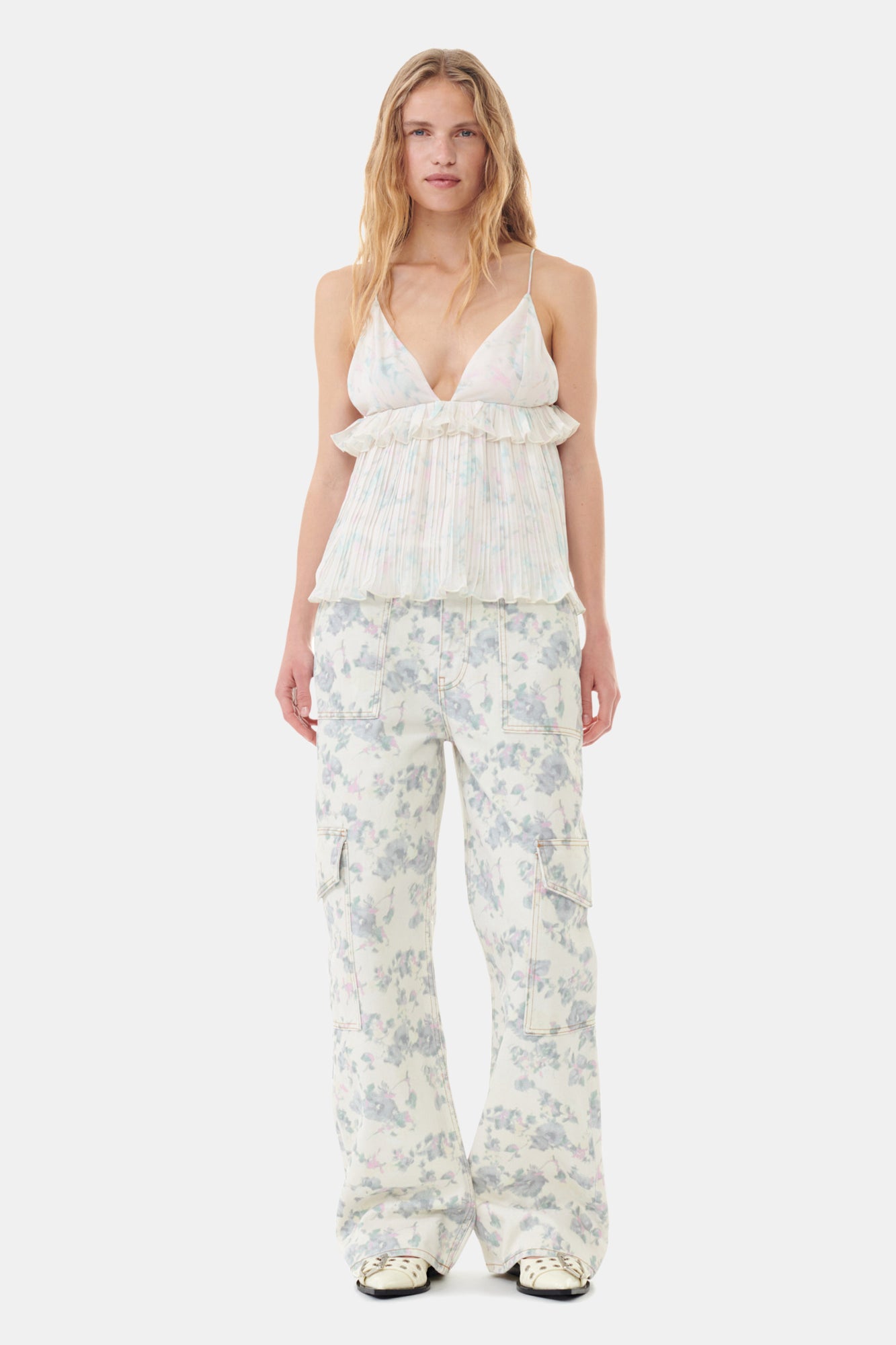 Pleated Georgette Strap Top | Tofu