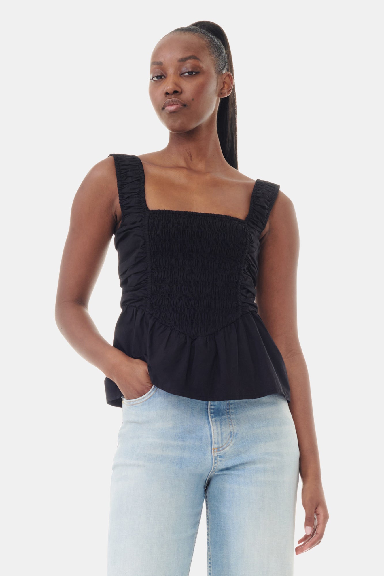 Cotton Poplin Smock Strap Top | Black