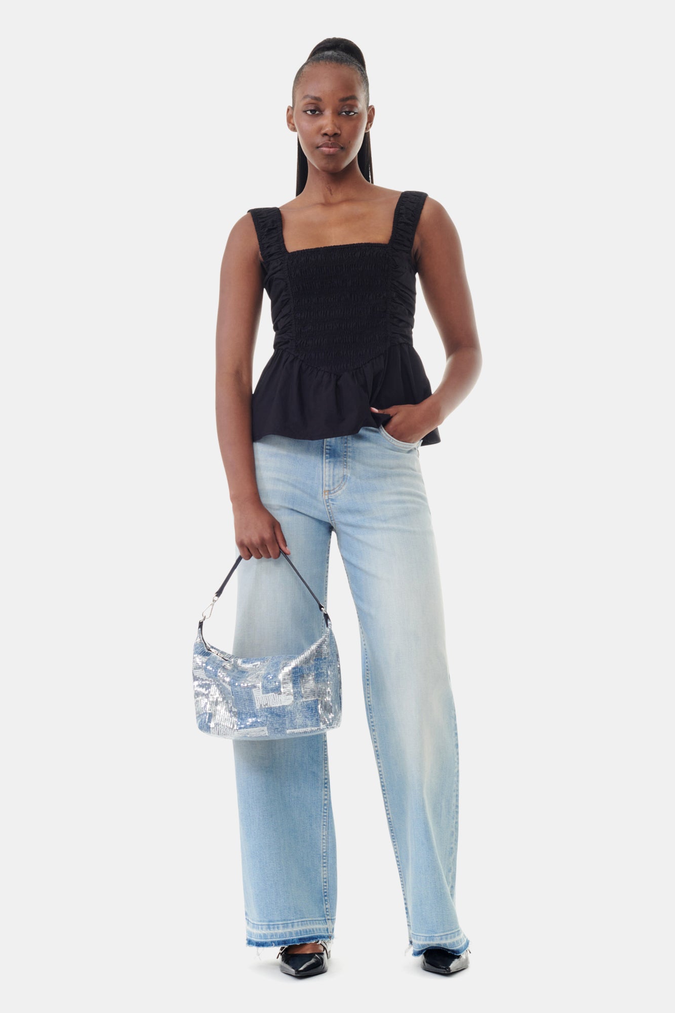 Cotton Poplin Smock Strap Top | Black