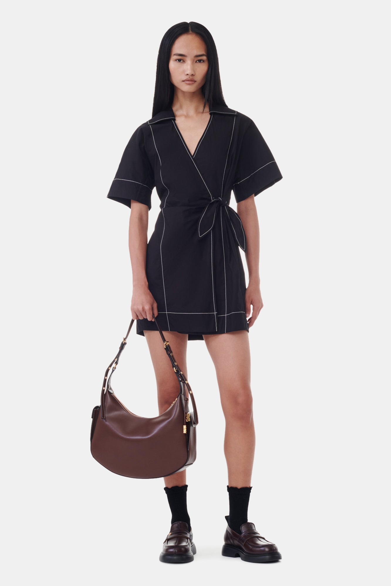 Cotton Poplin Wrap Mini Dress | Black
