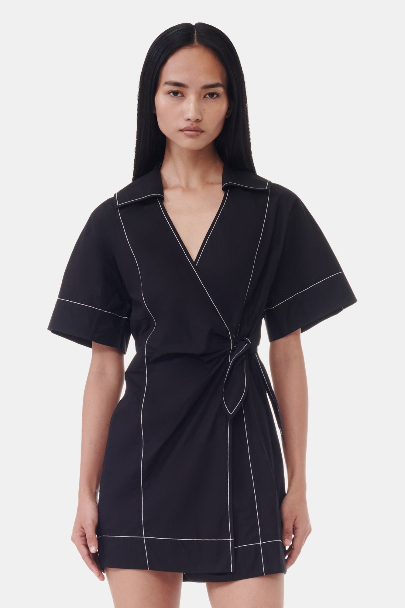 Cotton Poplin Wrap Mini Dress | Black