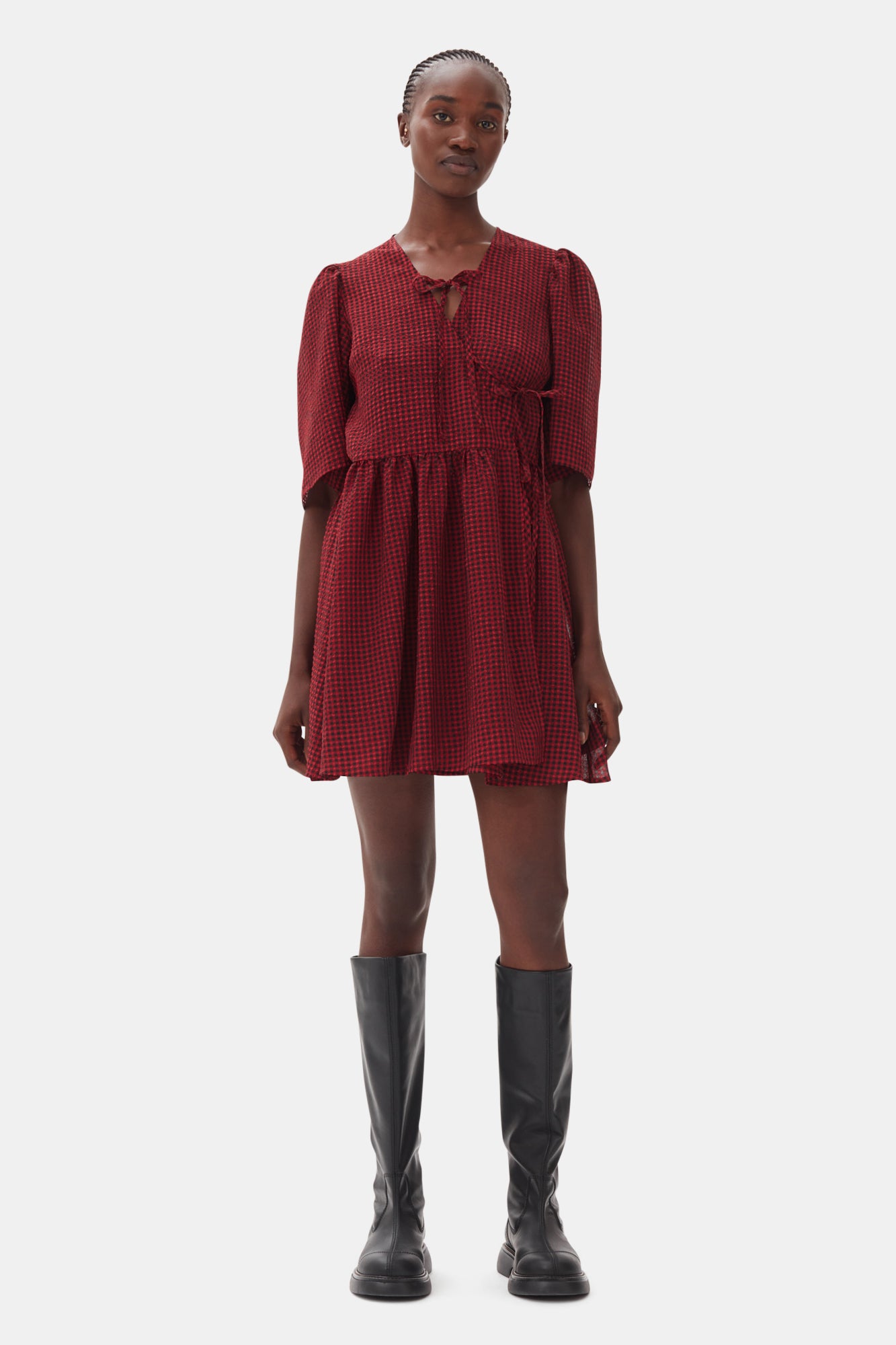 Sheer Fluid Check Tie String Wrap Dress | Winery