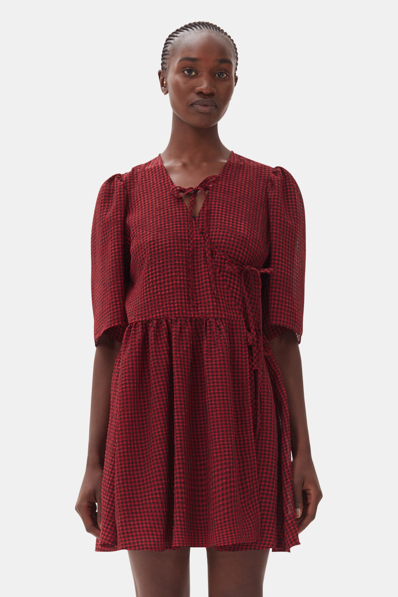 Sheer Fluid Check Tie String Wrap Dress | Winery