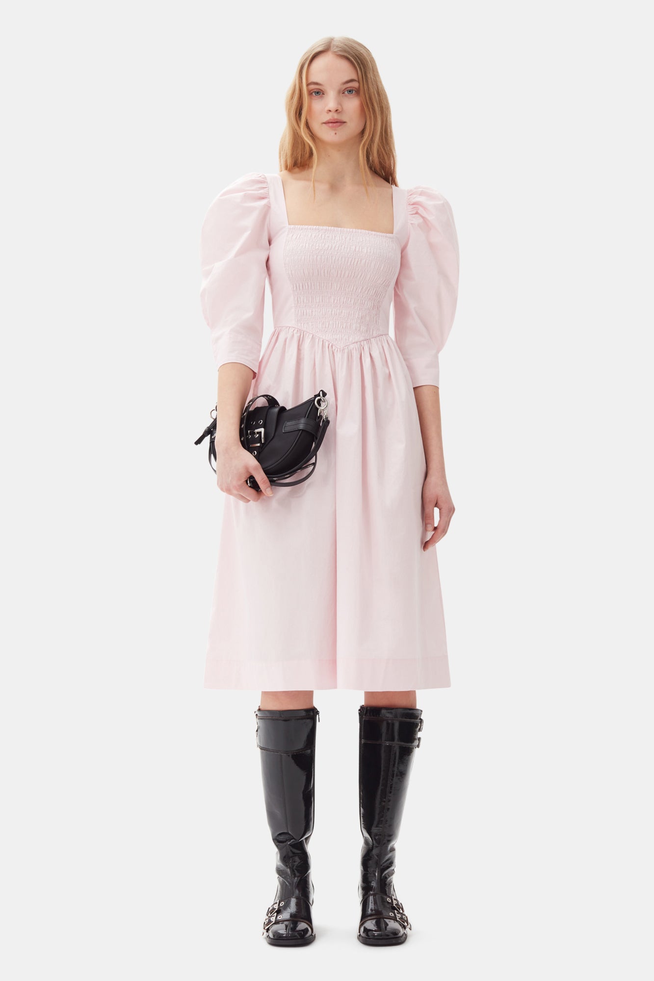 Cotton Poplin Open Neck Smock Dress | Chalk Pink