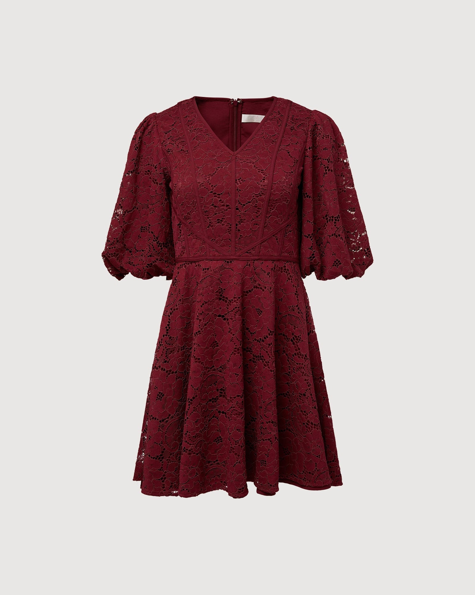 V-Neck Puff Sleeve Mini Dress | Wine Red