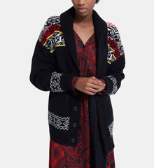 Patterned Wool Cardigan | Women | Black x Red x Yellow