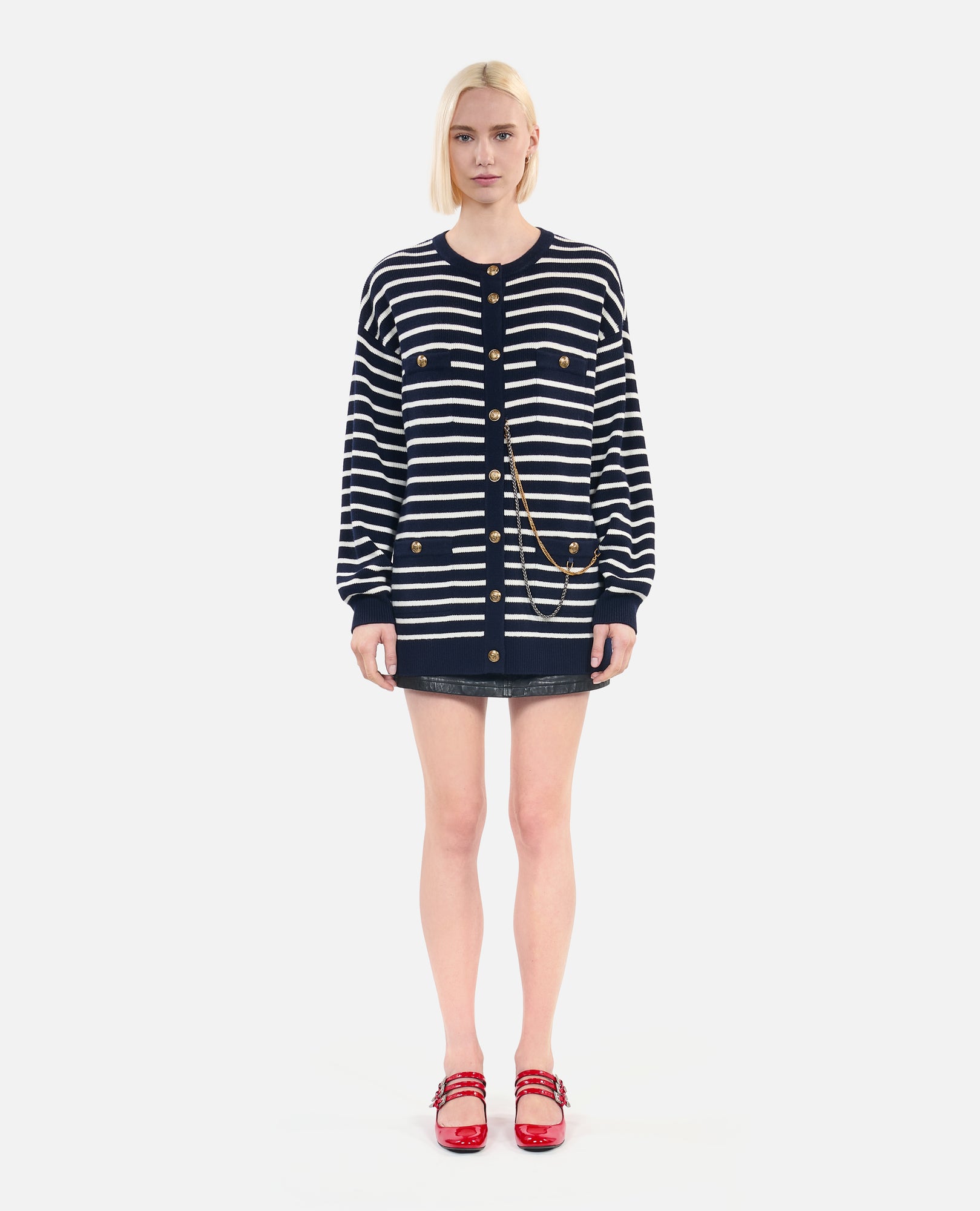 Striped Wool Cardigan | Women | White x Blue