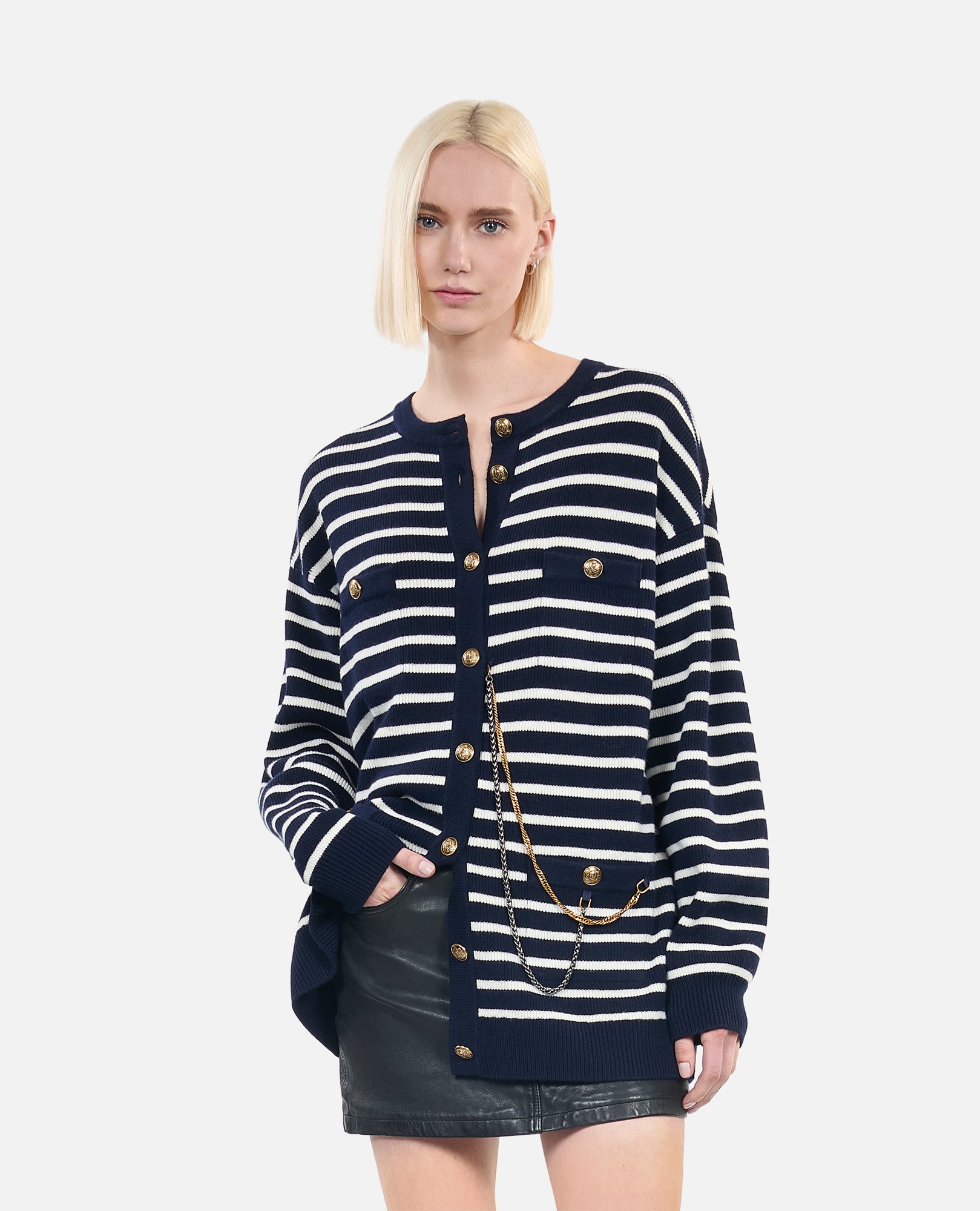 Striped Wool Cardigan | Women | White x Blue