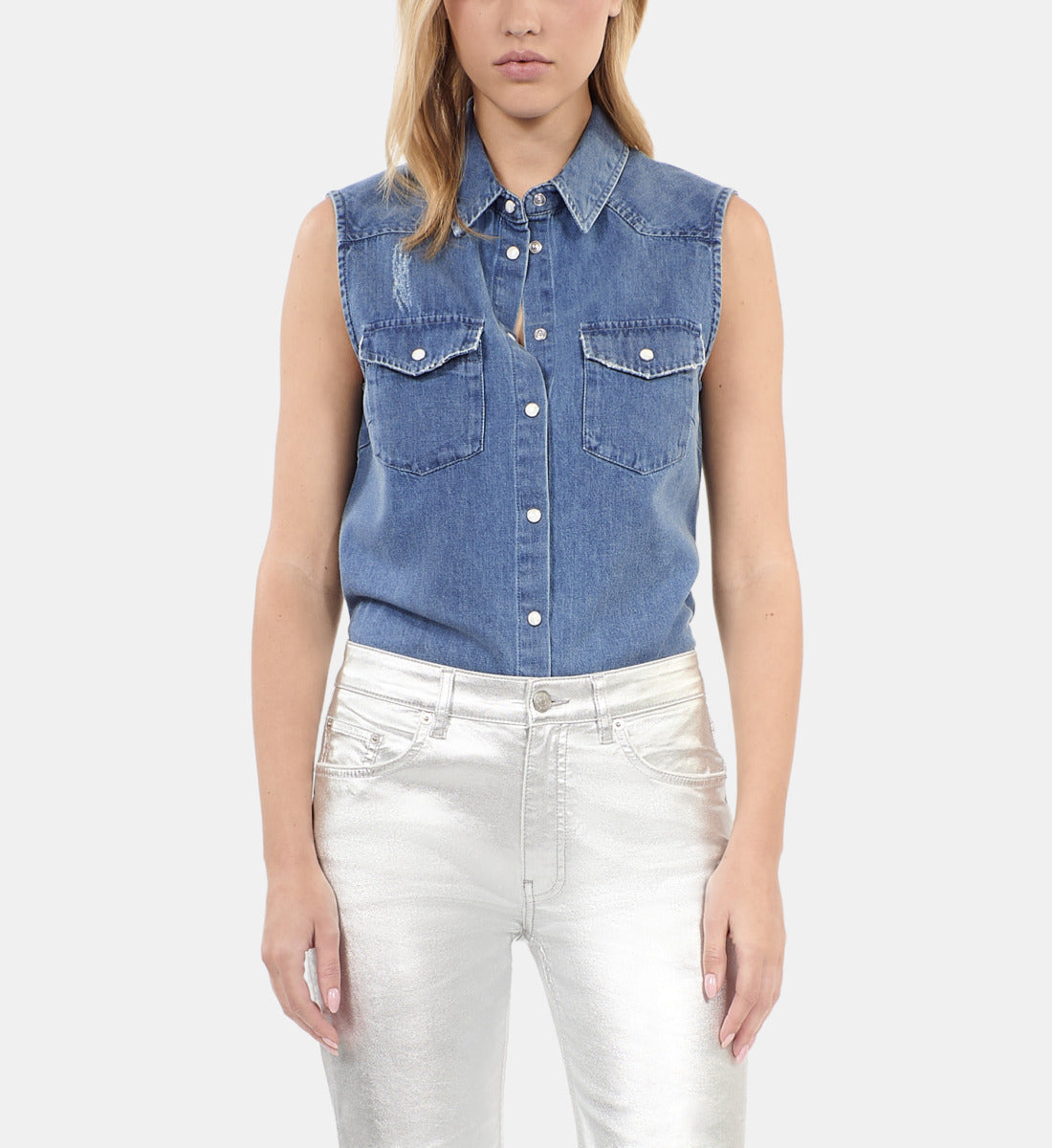 Sleeveless Blue Denim Shirt | Women | Rapiece