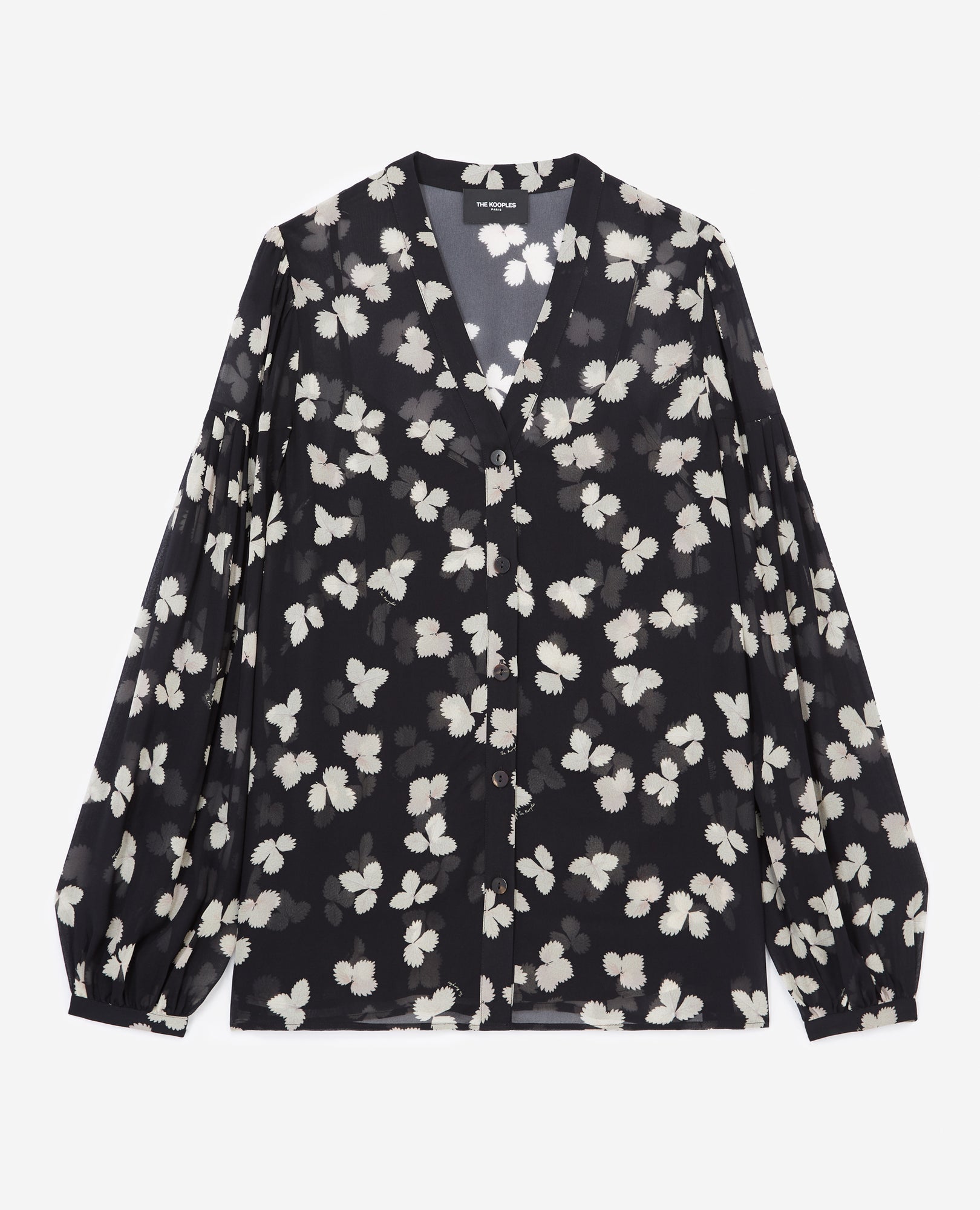 Loose V-Neck Shirt With Flowers | Women | Black x Ecru