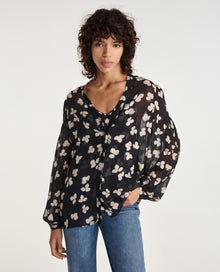 Loose V-Neck Shirt With Flowers | Women | Black x Ecru