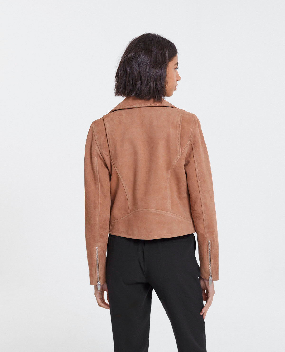 Suede Leather Zipped Biker Jacket | Women | Camel