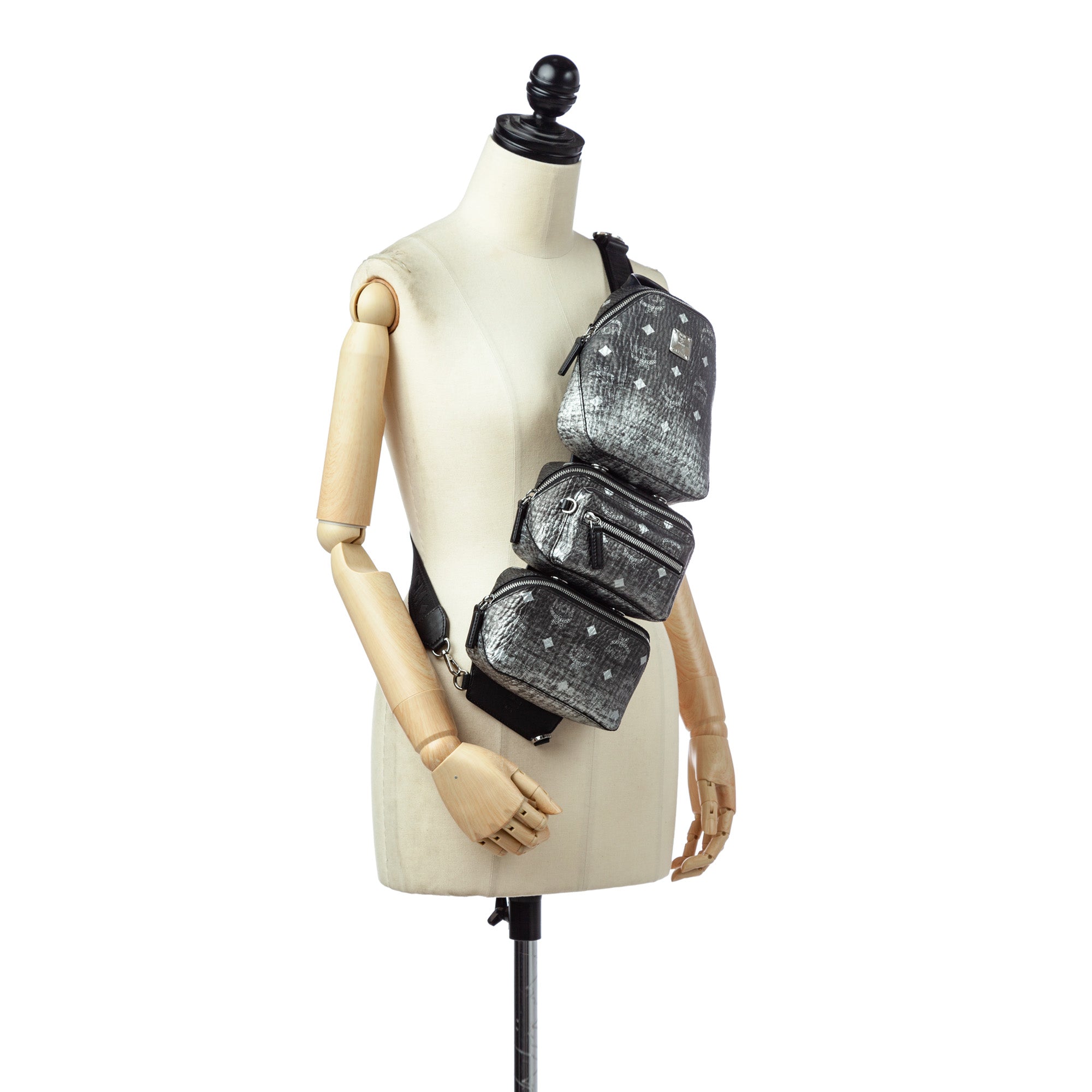 MCM | Pre-Owned Visetos Coated Canvas Triple Sling Bag | Black