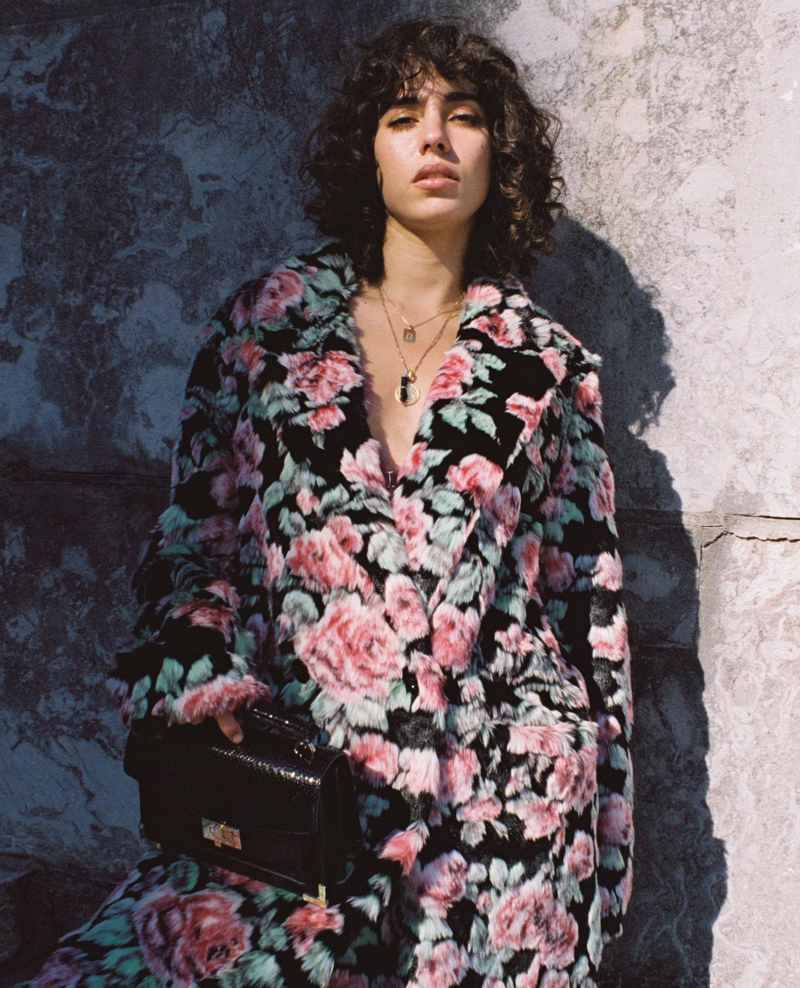 Long Fur Coat With Neon Rose Print | Women | Black x Pink