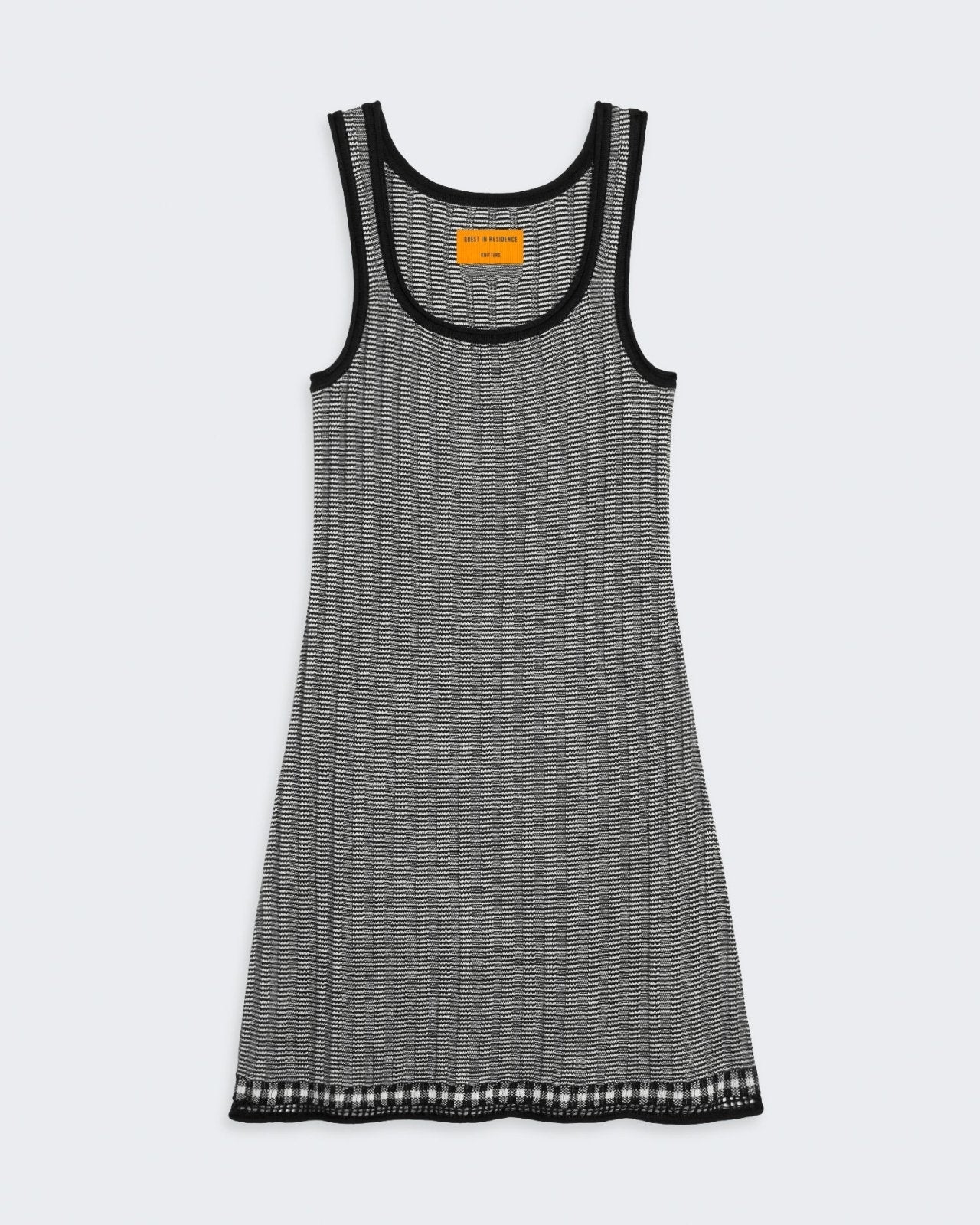 Fine Stripe Tank Dress - Midnight/Cream slim mini ribbed tank dress with roll trim neck and armhole, lace gingham hem detail
