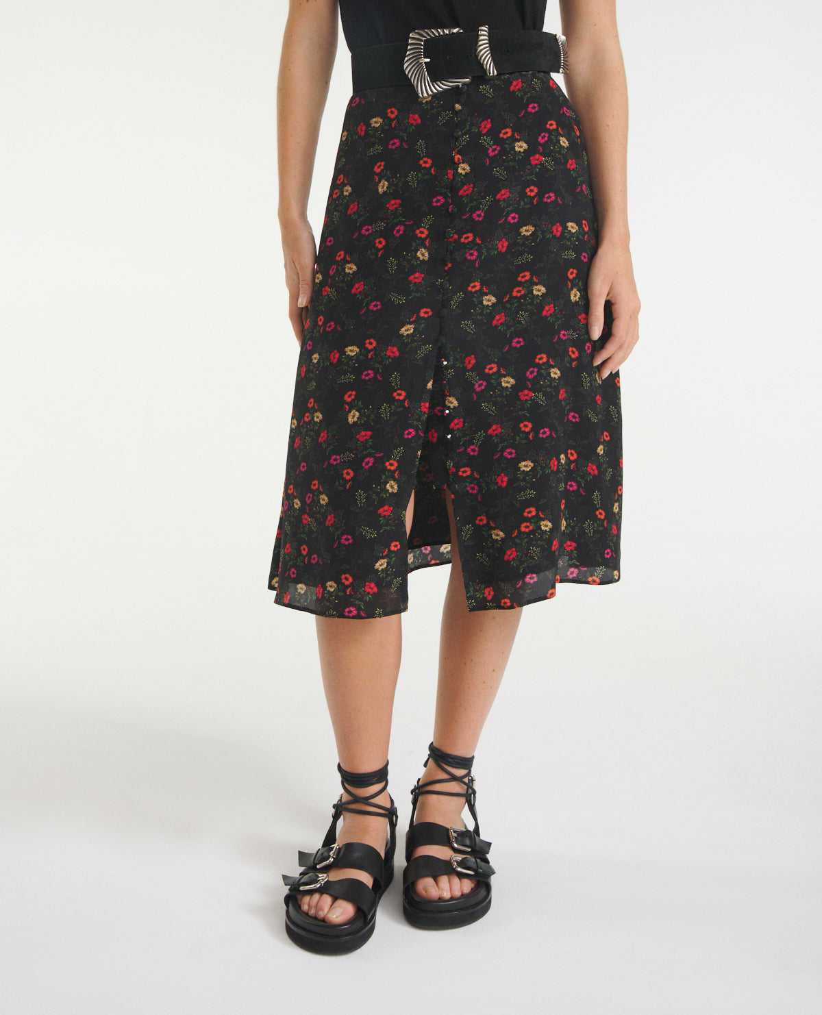 Printed Midi Skirt With Belted Waist | Women | Multicolorlor