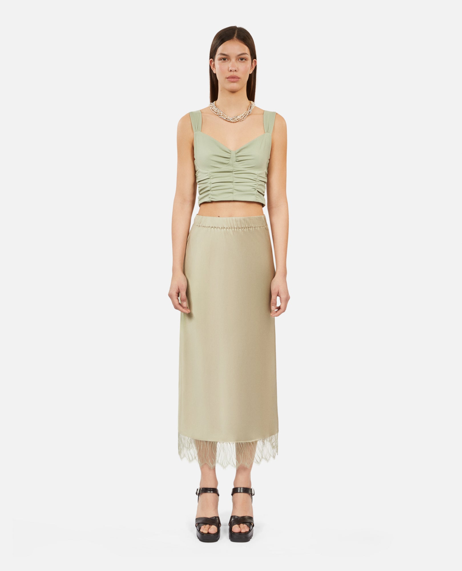 Long Light Green Skirt With Lace | Women | Khaki Grey