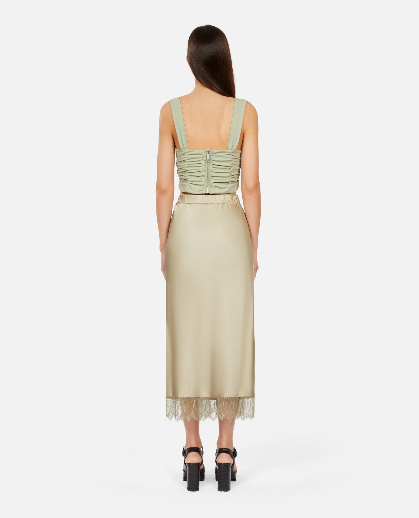 Long Light Green Skirt With Lace | Women | Khaki Grey