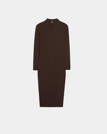 The AGNES - 8524551 Espresso by Rudsak is a dark brown womens bodycon dress featuring long sleeves, a high neckline, and a concealed front zipper, shown knee-length against a plain white background.