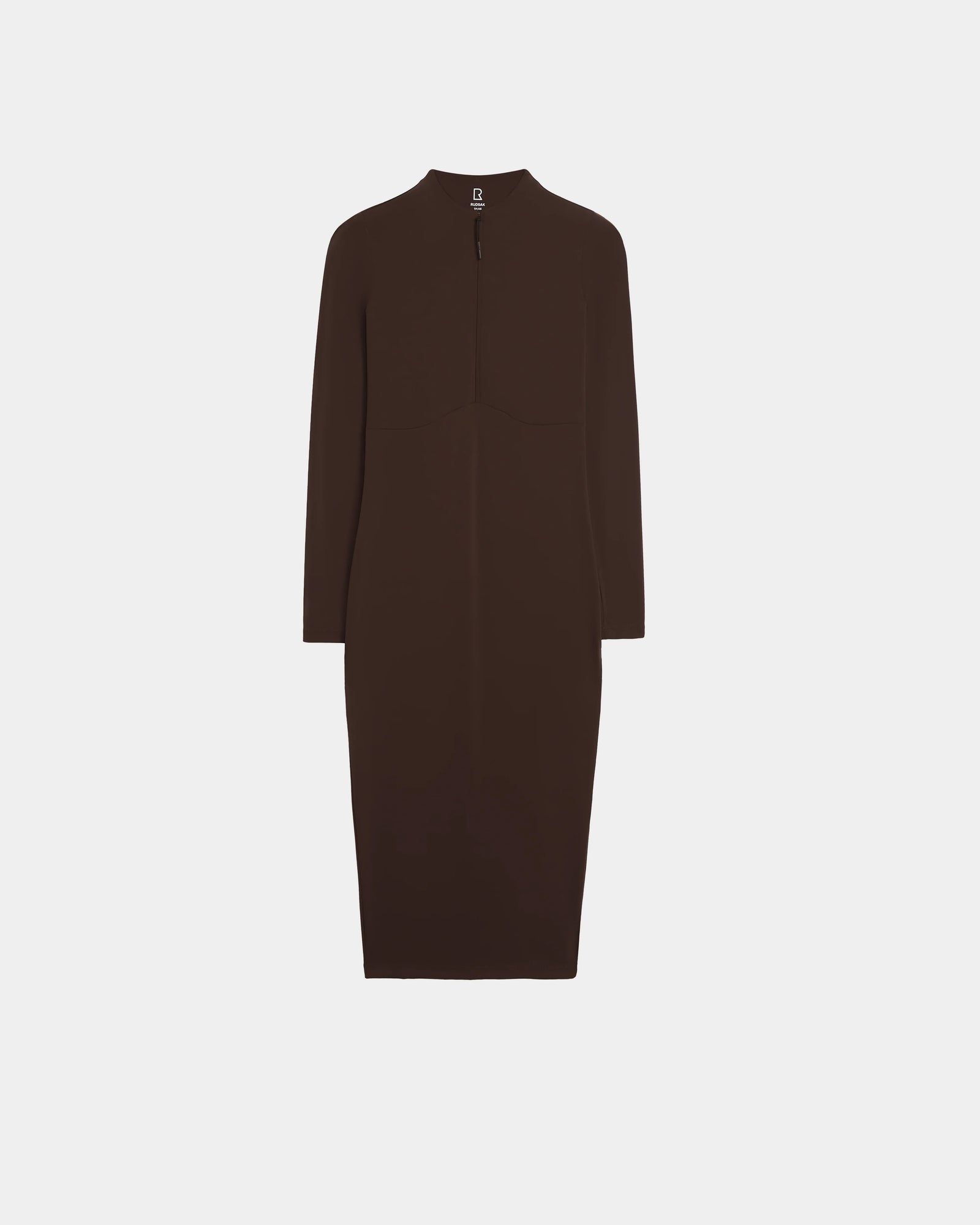 The AGNES - 8524551 Espresso by Rudsak is a dark brown womens bodycon dress featuring long sleeves, a high neckline, and a concealed front zipper, shown knee-length against a plain white background.