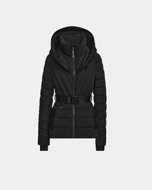 The Rudsak ALISA - L124506 Black is a womens quilted down puffer jacket with a front zipper, RDS-certified down filling, vegan leather waist belt, hood, and zippered pockets, shown against a plain light gray background.