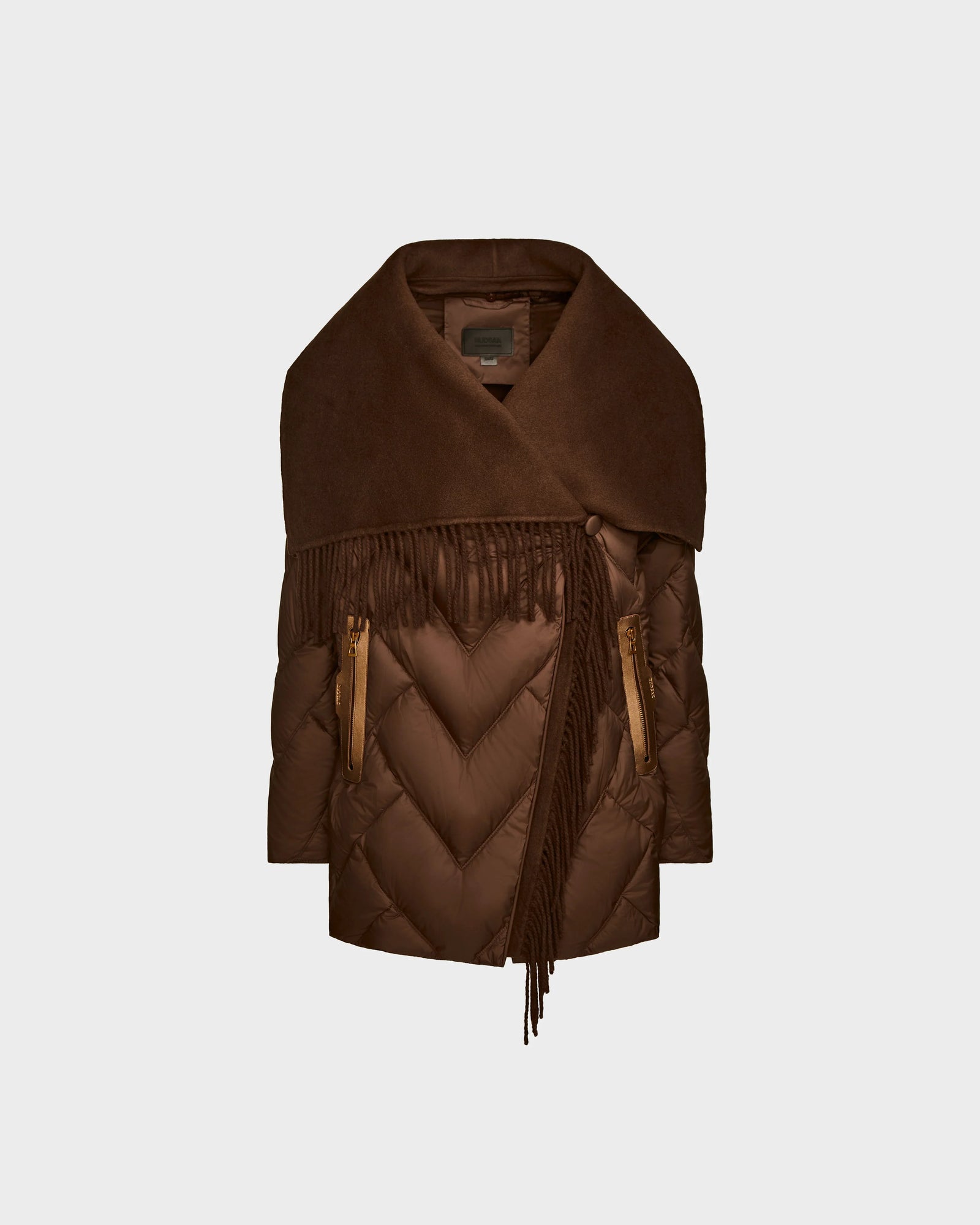 The Rudsak ANNE MARIE - 8124713 Mocha is a brown women’s relaxed fit jacket with chevron stitching, a suede shawl collar and long fringe, two zippered pockets with tan leather accents, shown on a plain light gray background.