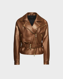The Rudsak ARIELLE - 8124052 Antique Bronze is a metallic brown lamb leather biker jacket with gold zippers, buttons, a belted waist, and multiple pockets, shown against a plain white background.