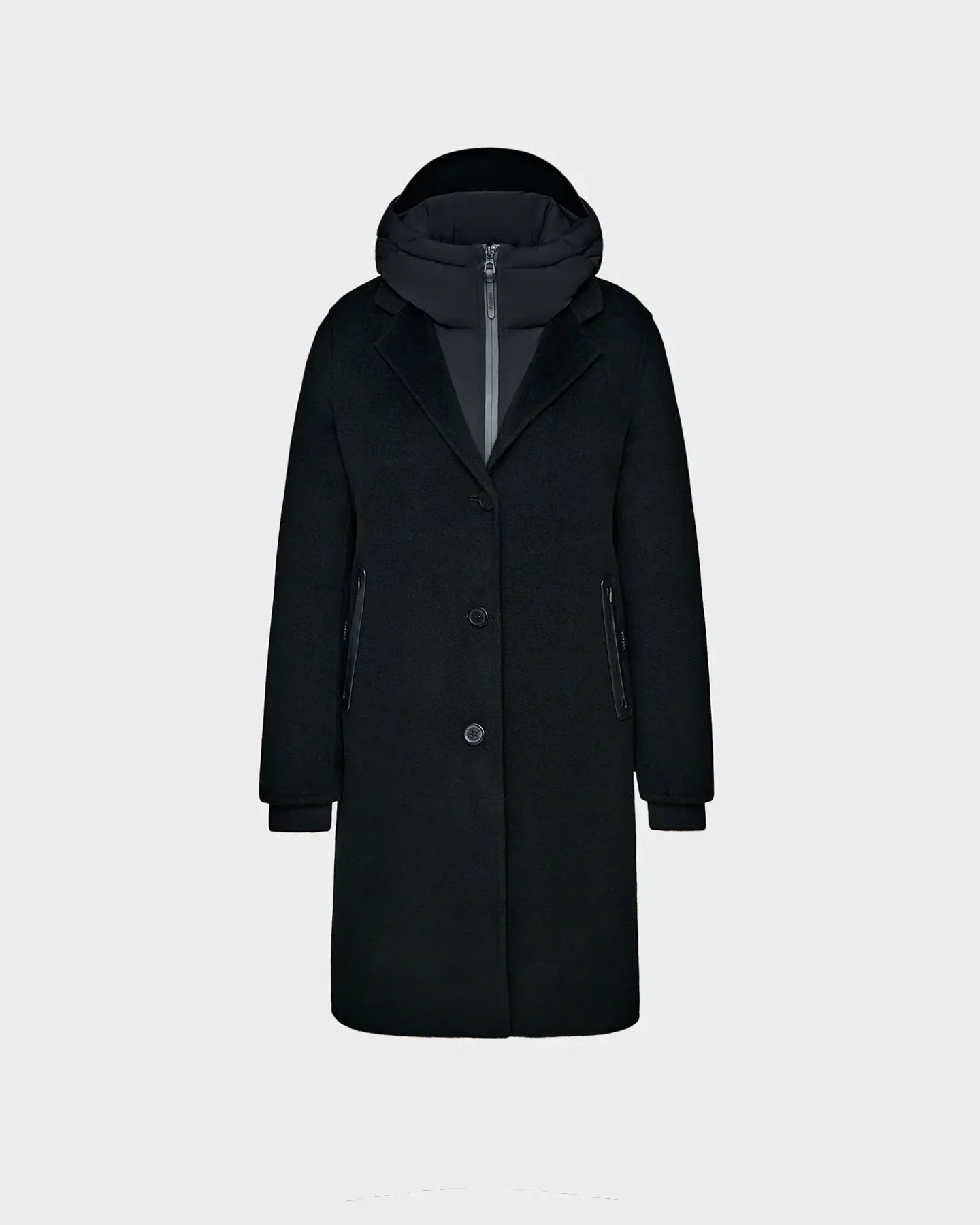 The Rudsak ARLA - 8124579 Black womens wool coat features leather sleeves, a hood, front zipper, two side zip pockets, and button closures, shown against a plain white background.