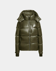 The Rudsak ASHLYN S - 8124565 womens down puffer jacket in Loden Green features RDS-certified down, a front zipper, high collar, hood, and chest pocket, shown against a plain light gray background.