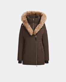 The Rudsak AURORE - L123561 Espresso is a fitted brown down parka with a large fur-lined hood, asymmetrical front zipper, and long sleeves, shown against a plain white background.