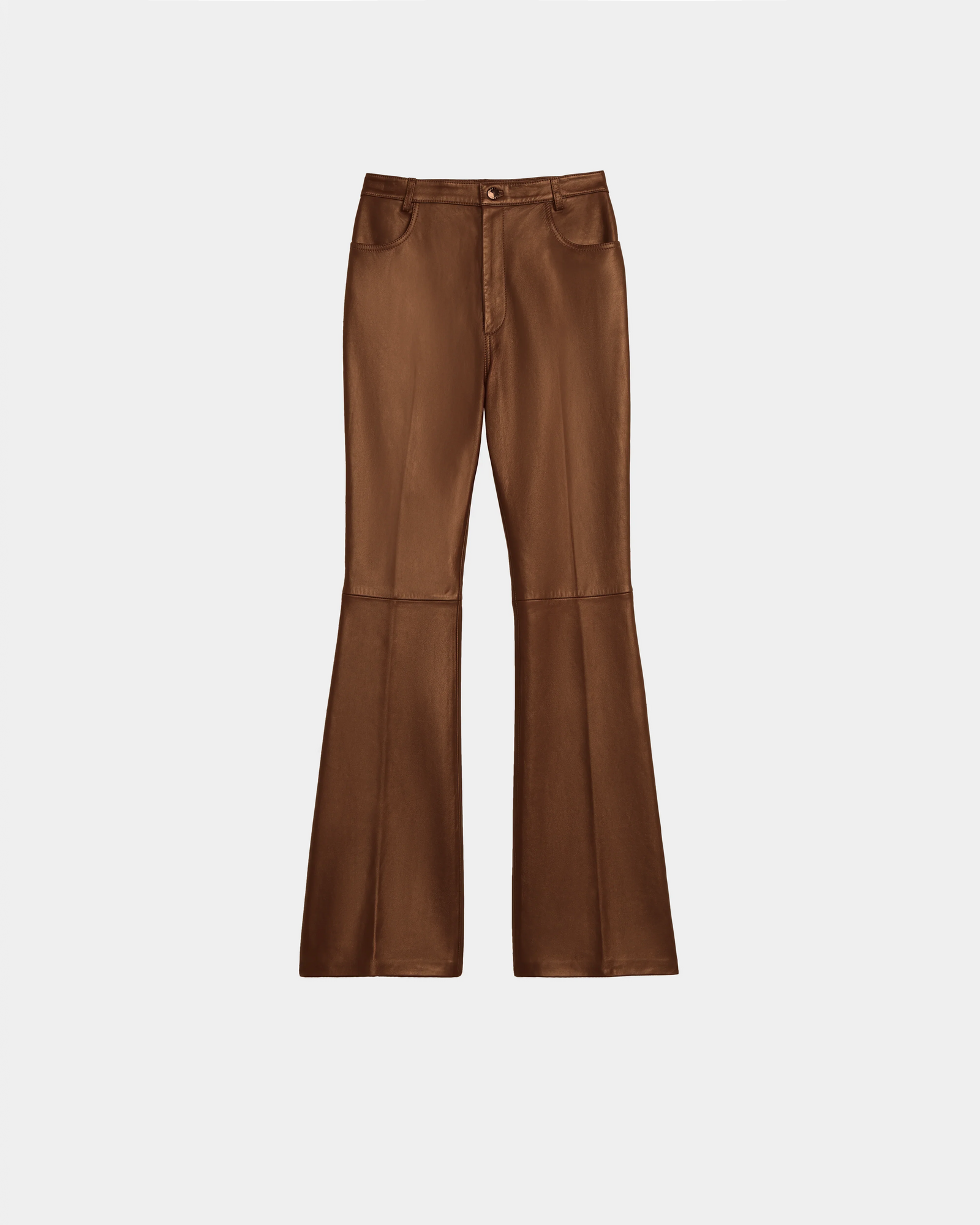 The CARISSA - 8524545 Antique Bronze womens leather pants by Rudsak showcase a retro chic design with a flared silhouette, front pockets, and button closure.